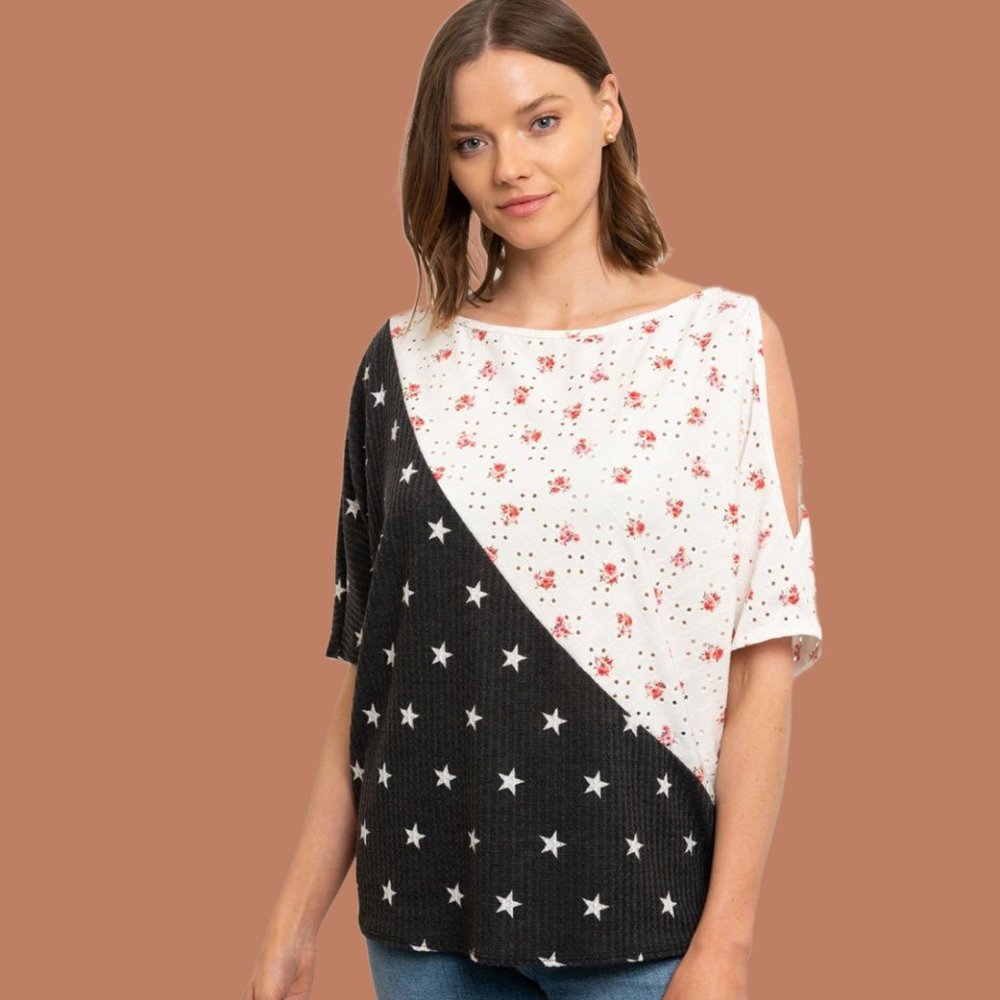 Floral Black & White Top with Cut Out Sleeves